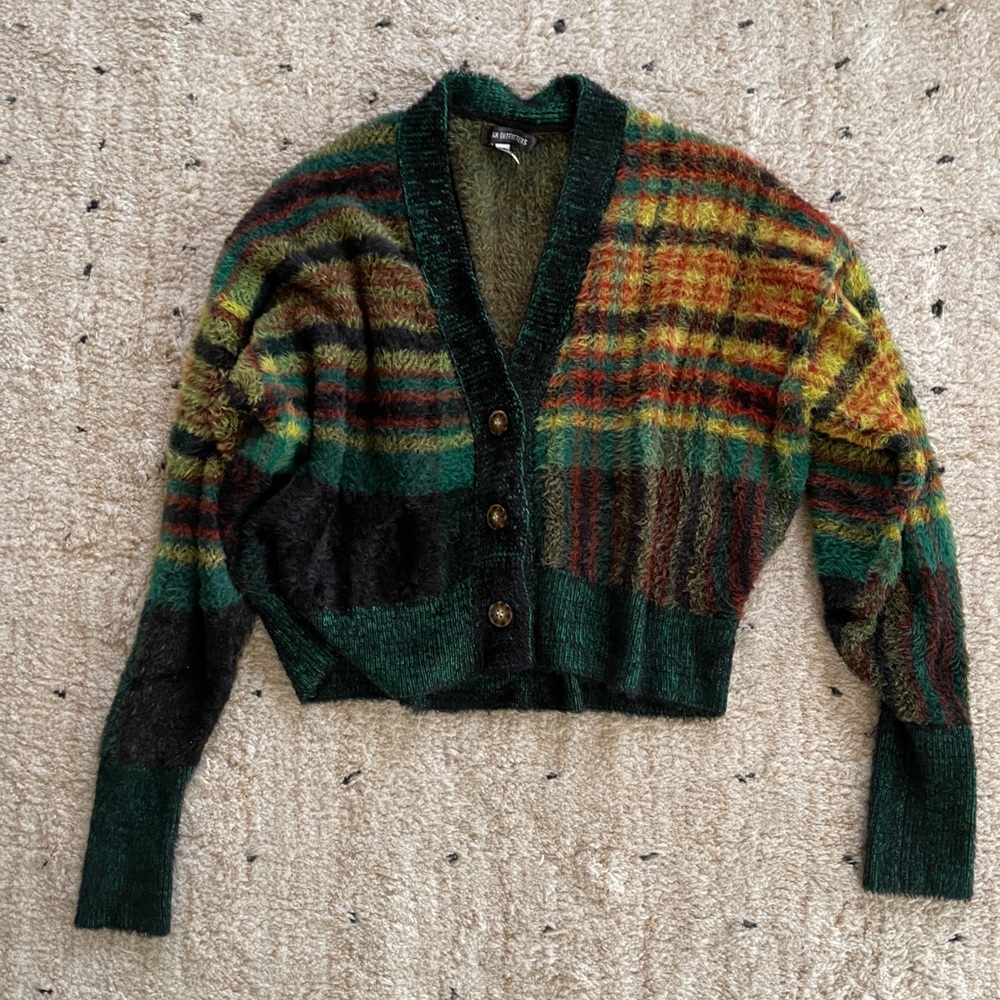 Fuzzy Green Plaid Cardigan Sweater